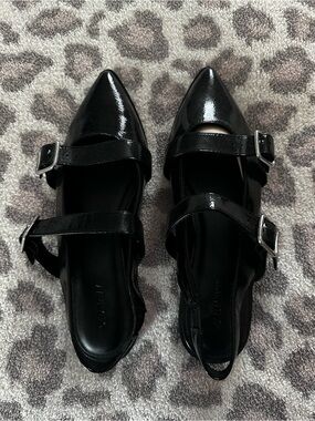 Black Patent Pointed Double-Strap Mary Jane Flats